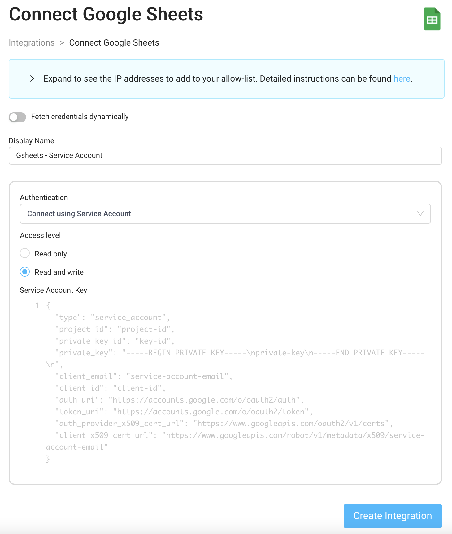 Connect to Google Sheets using a service account