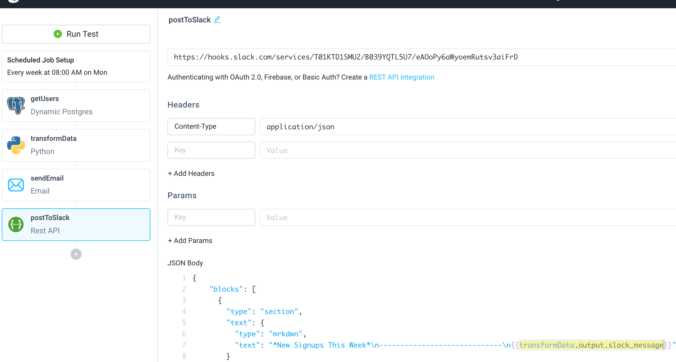 The Superblocks REST integration can send calls to third party services including sending messages into slack channels