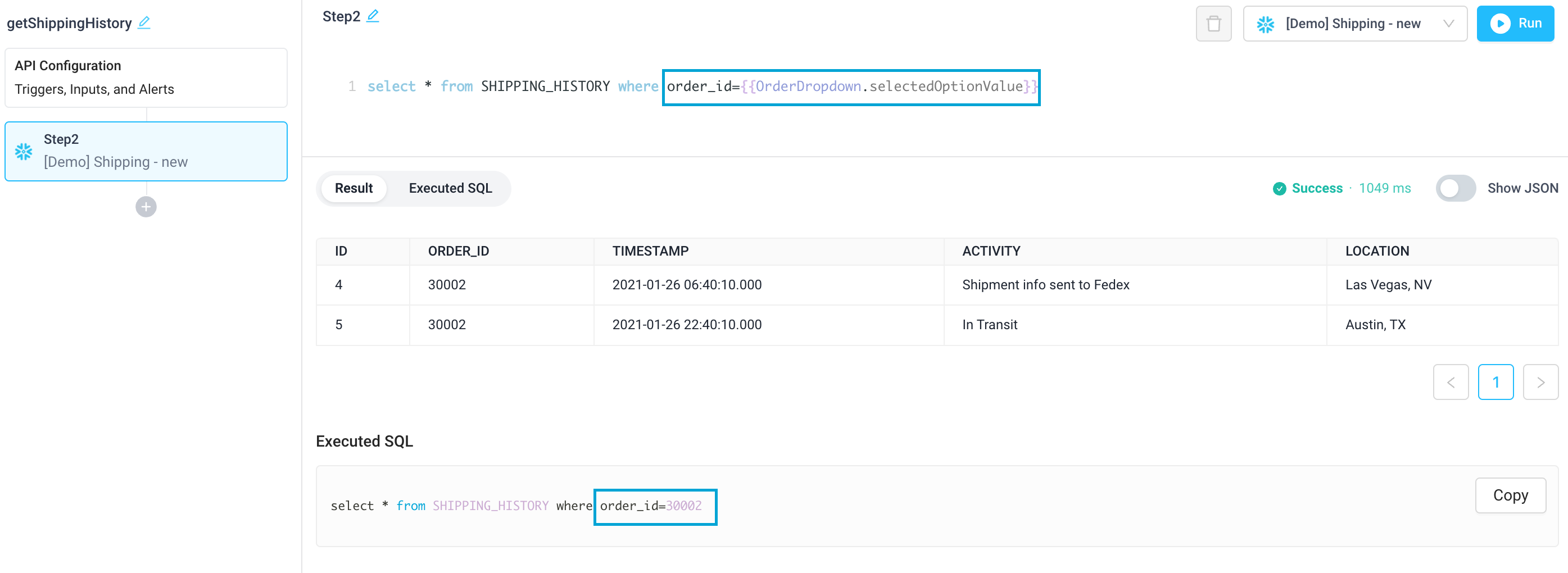 SQL query referencing the selected option of the dropdown component