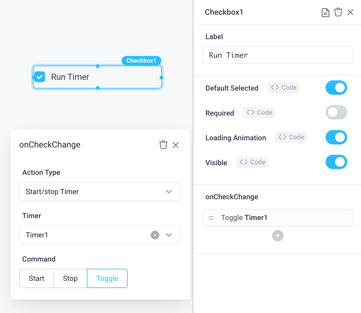 Start stop toggle timers with UI components via event handlers
