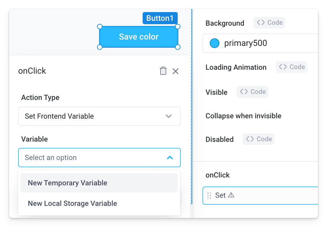 Create a new frontend variables from a component's event handler menu