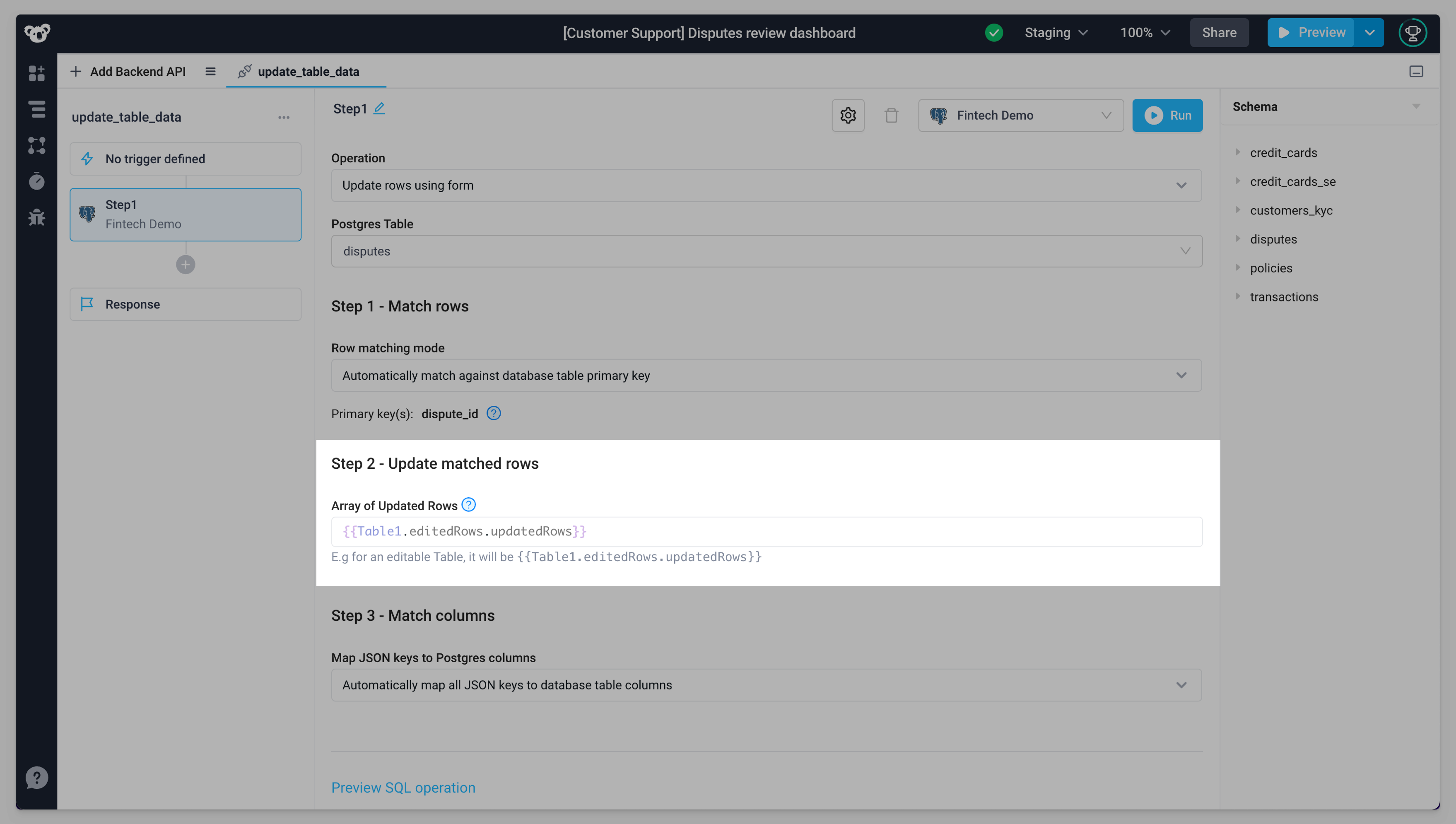Table1.editedRows.updateRows was entered in Array of Updated Rows field.