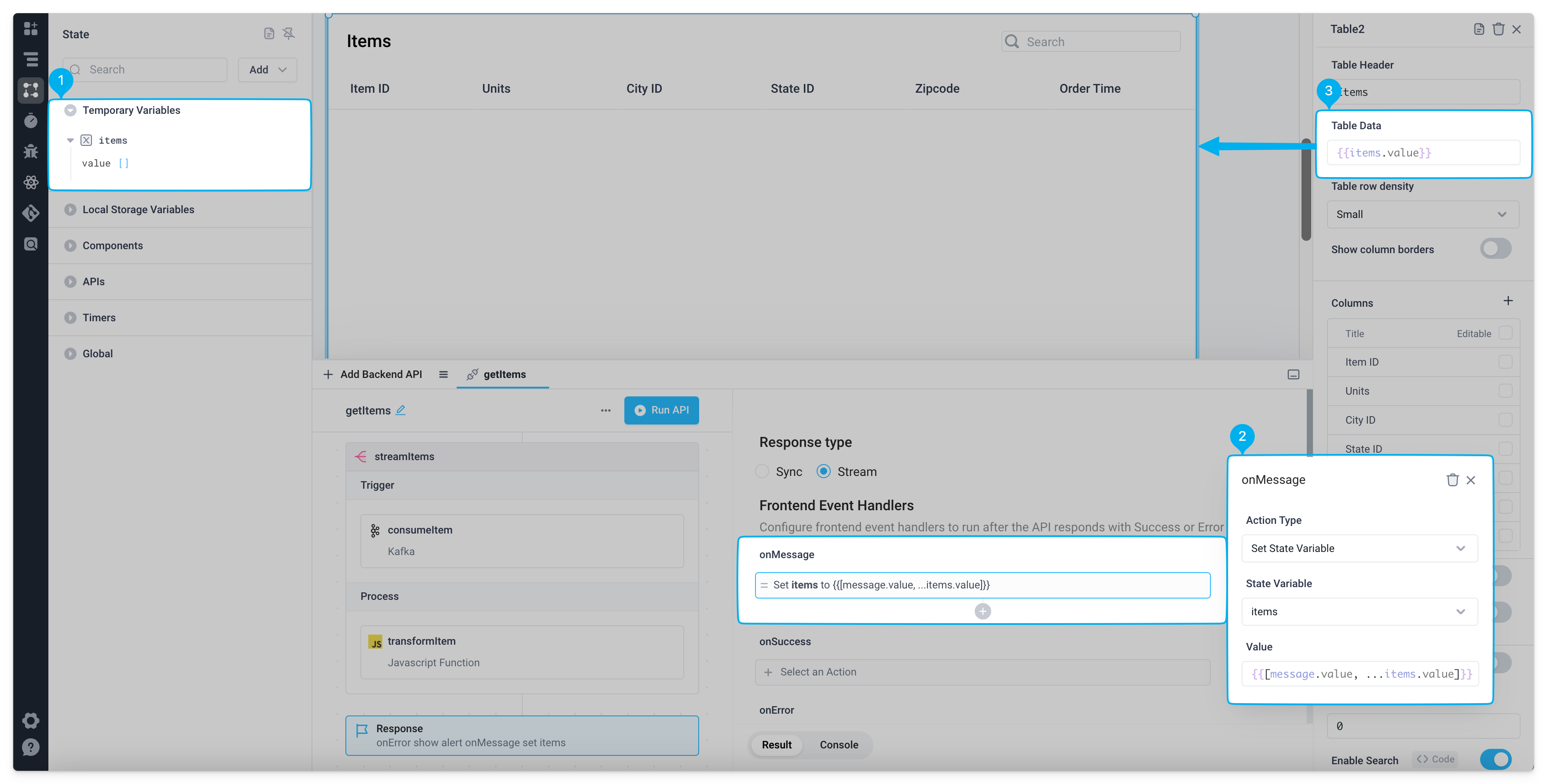 stream results to frontend variable with onmessage