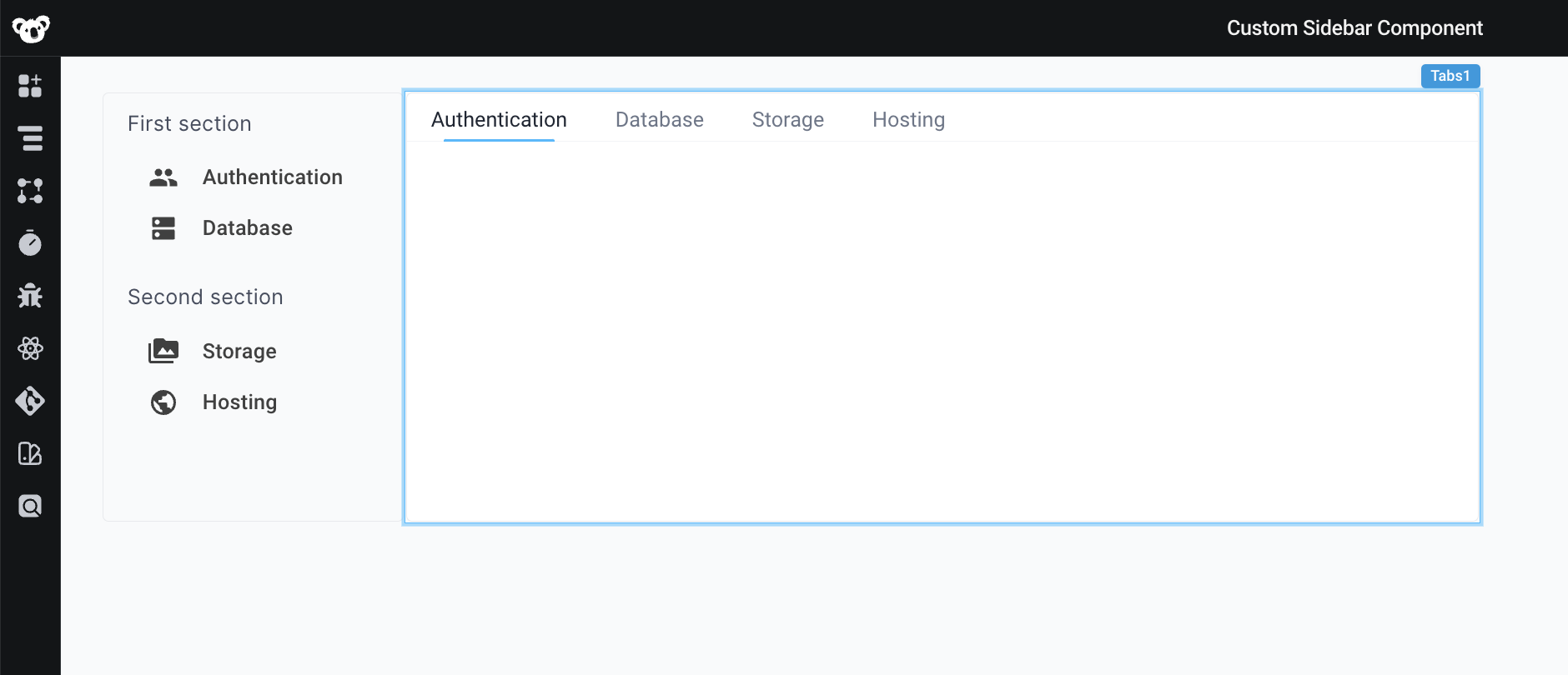 The user adds a Tabs component right next to the custom sidebar component.