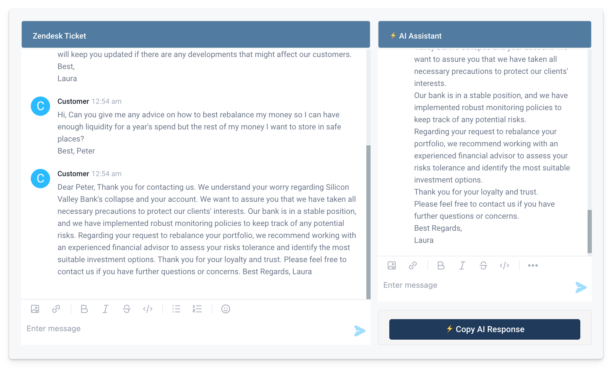 The AI-generated response is displayed in the Chat Component after the user has pasted and submitted it.