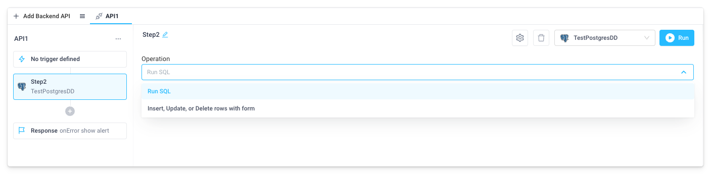 Choose the SQL operation from the SQL API form