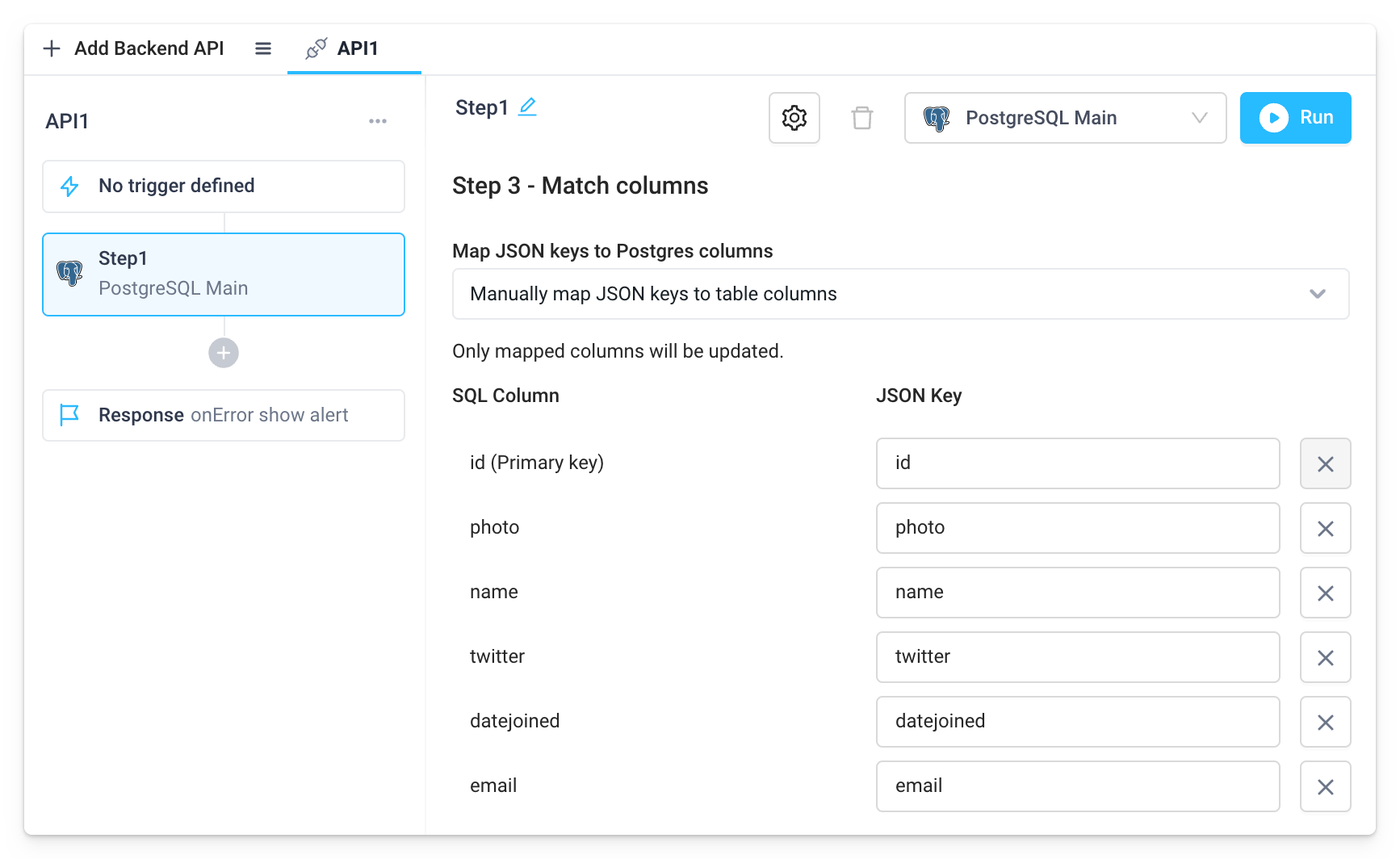 Define the JSON key per SQL column to match columns
