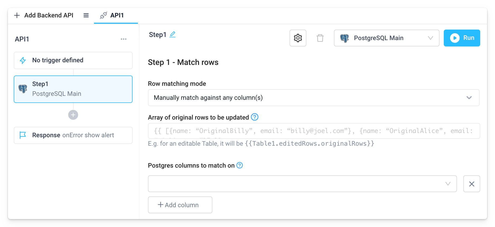 The manual row matching mode can be picked from a dropdown