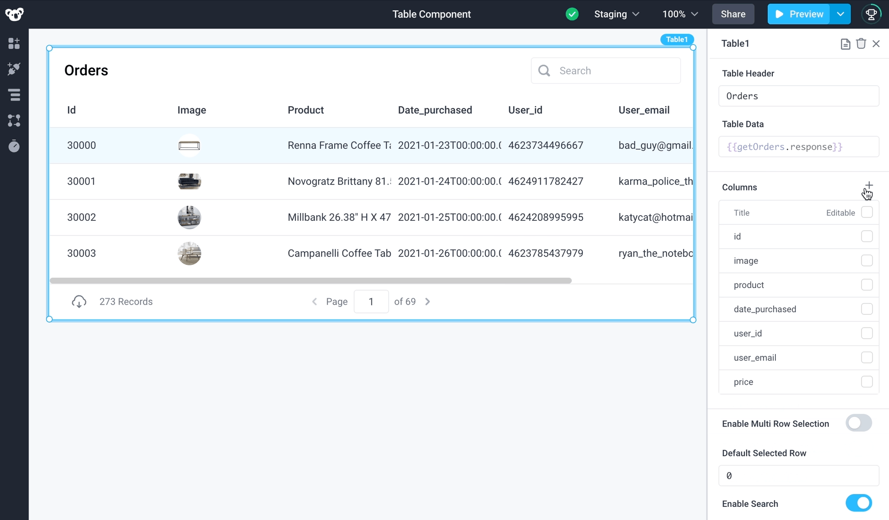 Add a button component to each table row