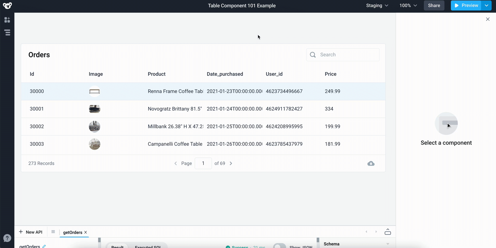 Open slideout onRowClicked
