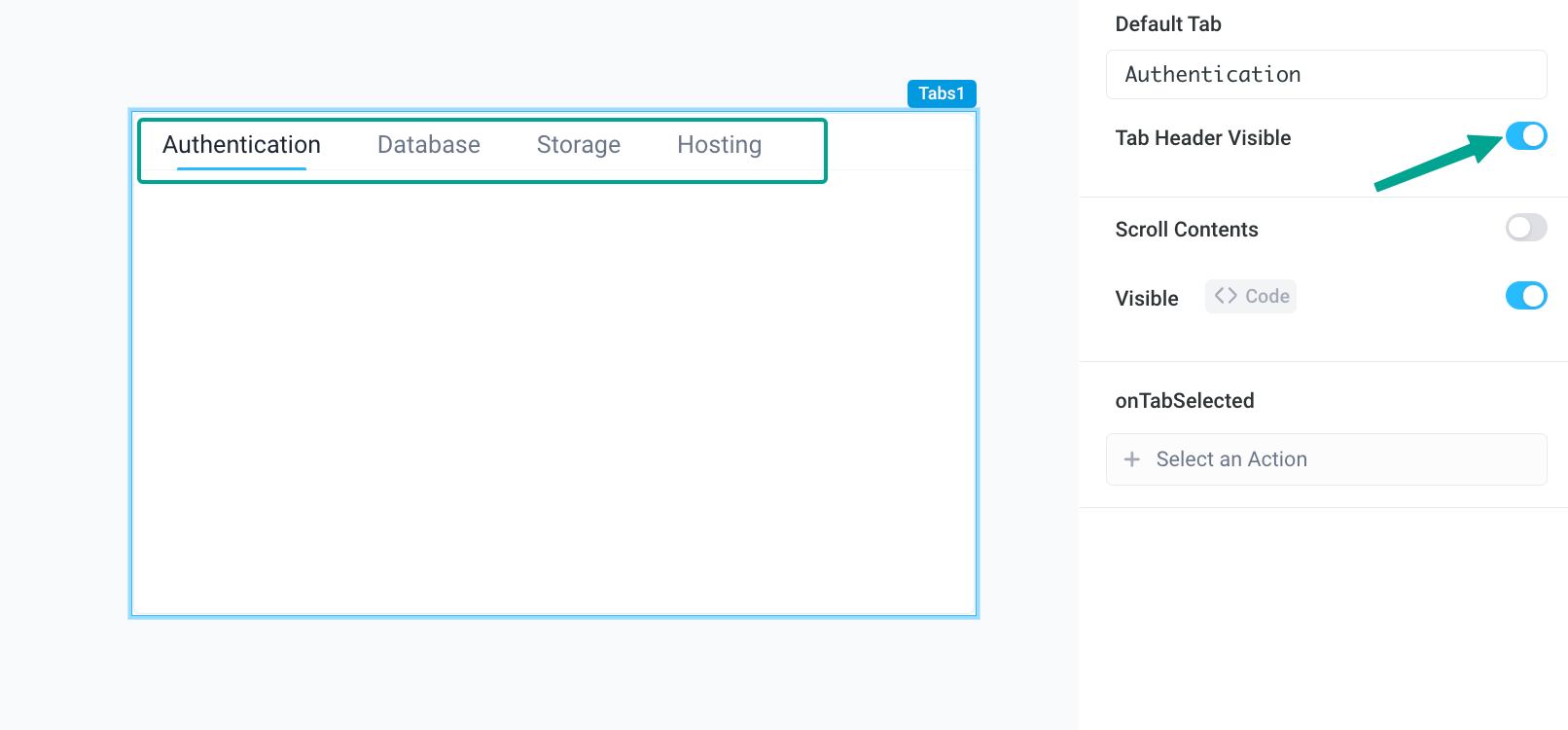 The header of the Tabs component can be set to invisible via the properties panel.