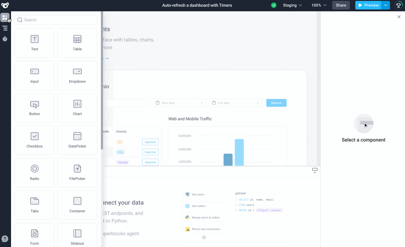 Drag and drop a chart component onto the canvas and define the title and axis properties