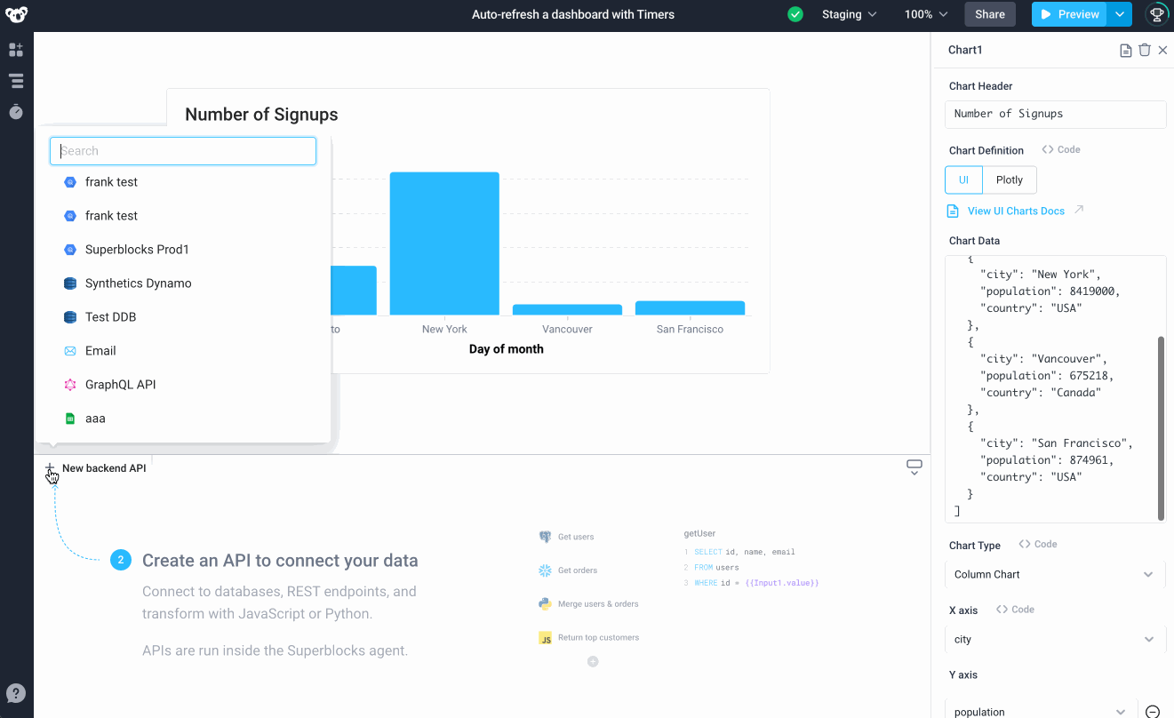 Create a new API to pull data from your data sources and manipulate with JavaScript or Python