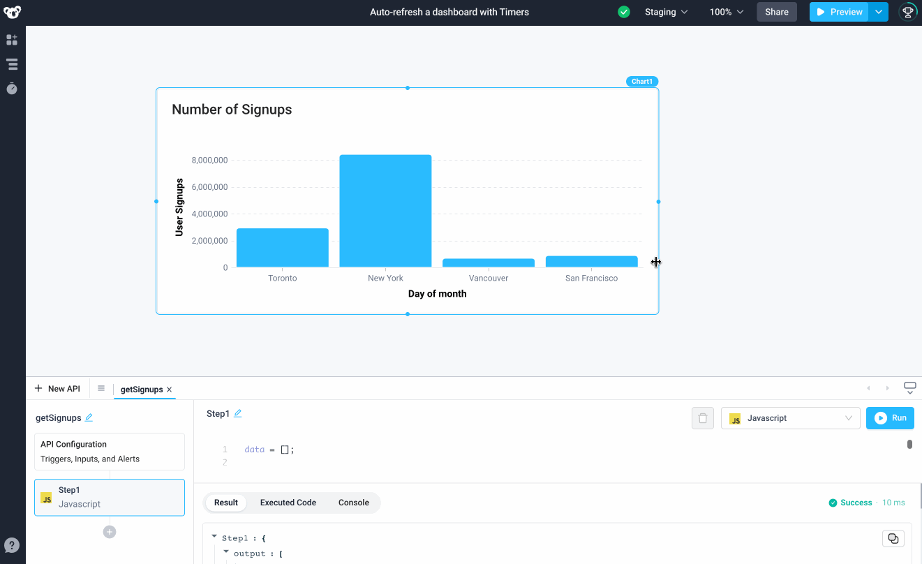 Components can be linked to API output to visualize and report on your data