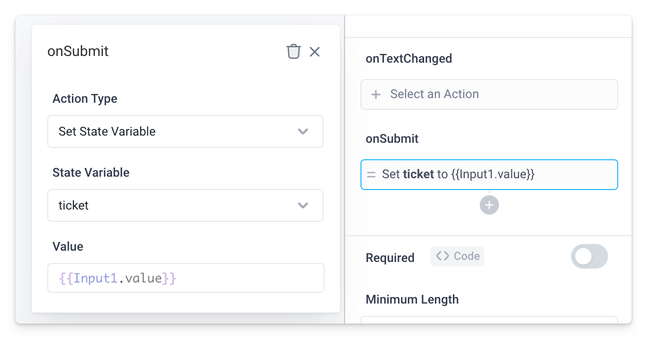The onSubmit event handler of the input component is used to set the value of the frontend variable.