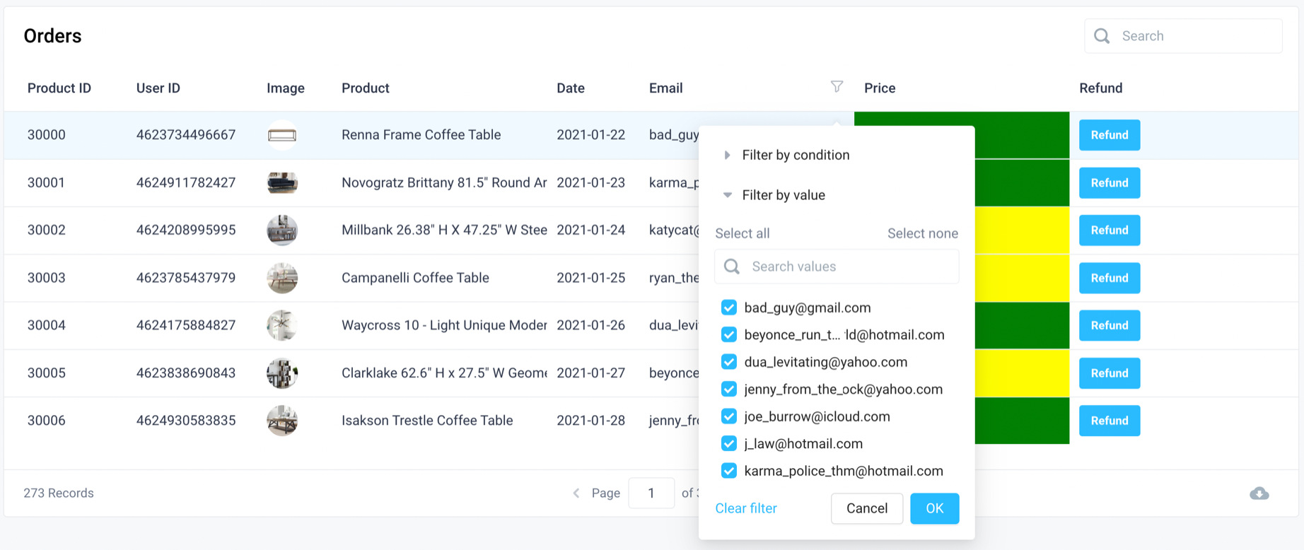 Filter table by value