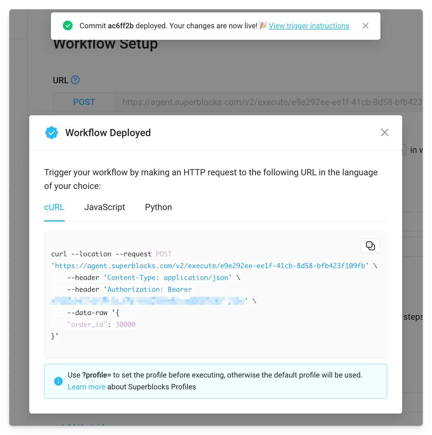 Workflow deploy confirmation and trigger instructions