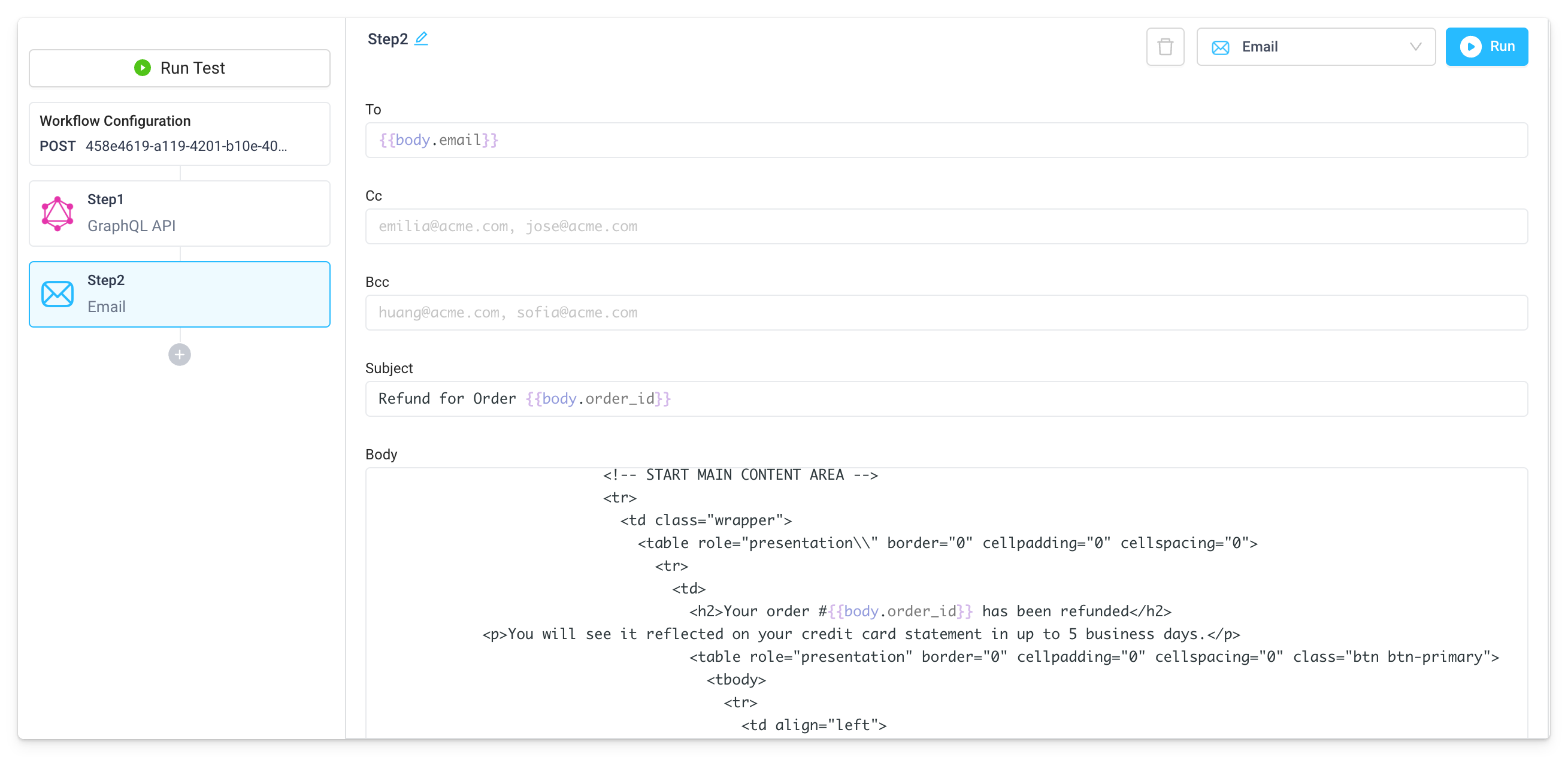 The Superblocks email integration can send emails with customized bodies to lists of recipients