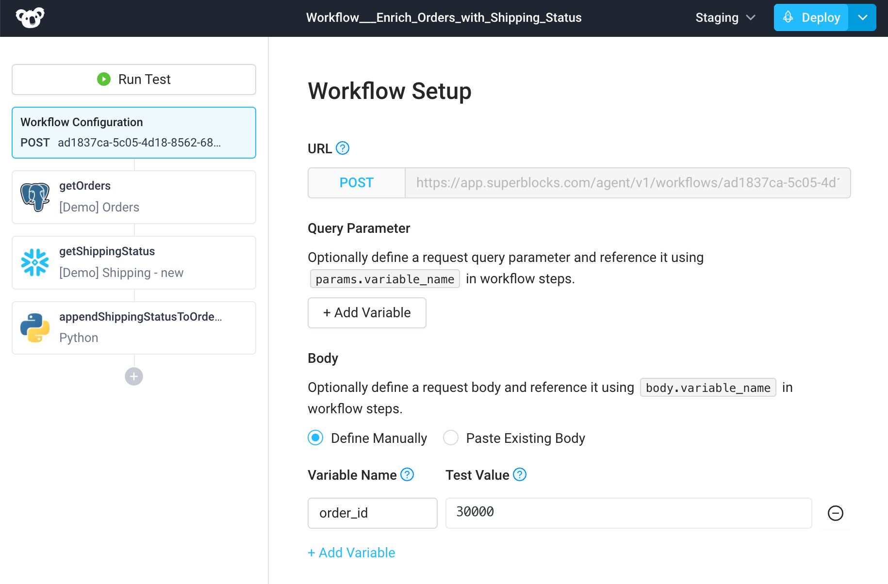 Example workflow that reads data from Postgres and Snowflake then uses Python to merge the data and return it