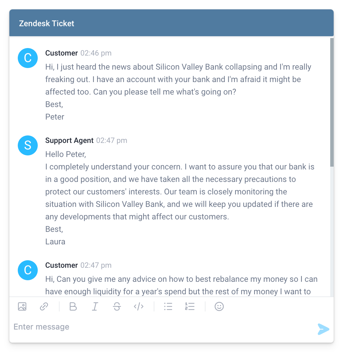 The comments from the Zendesk ticket are successfully loaded into a Superblocks frontend Chat component.