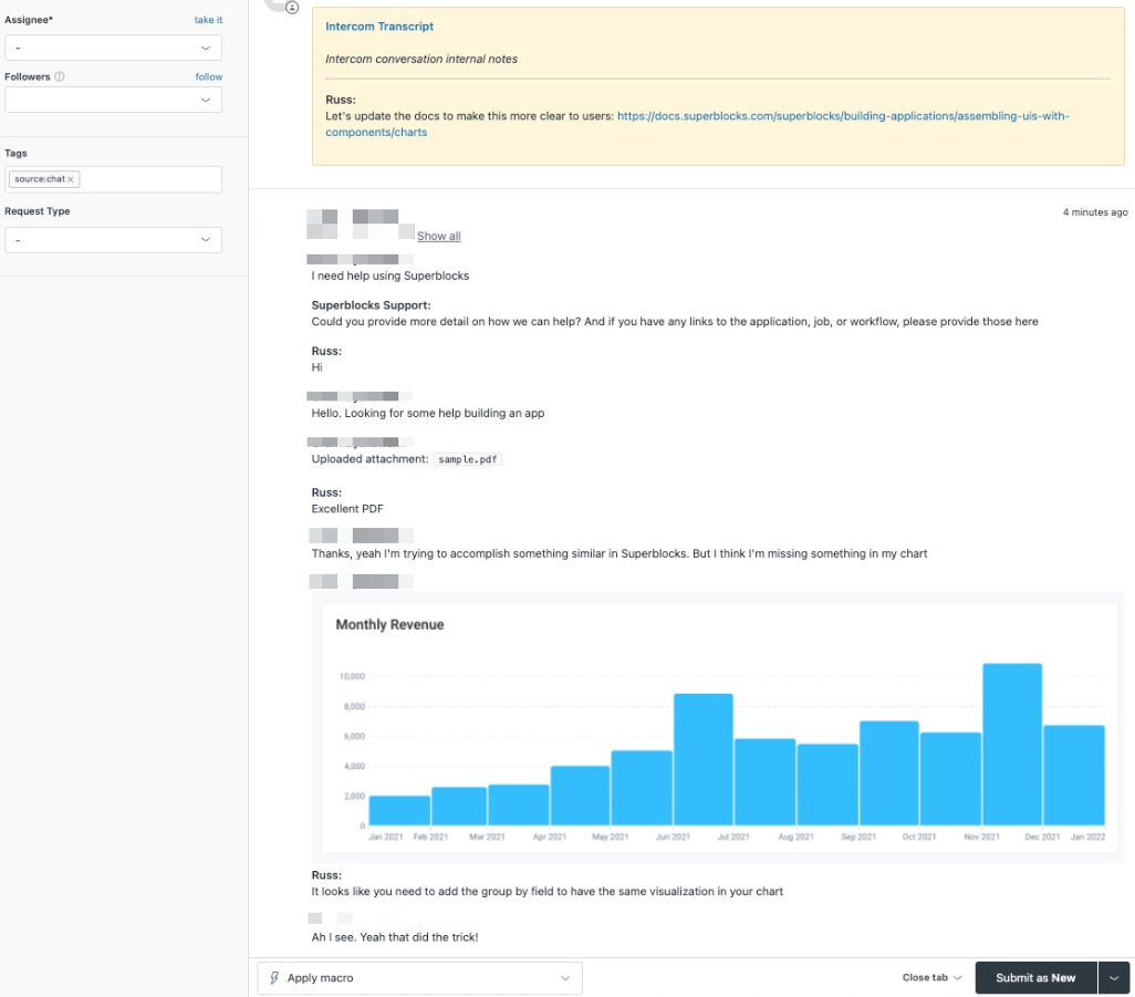 Formatted Zendesk ticket from Intercom conversation