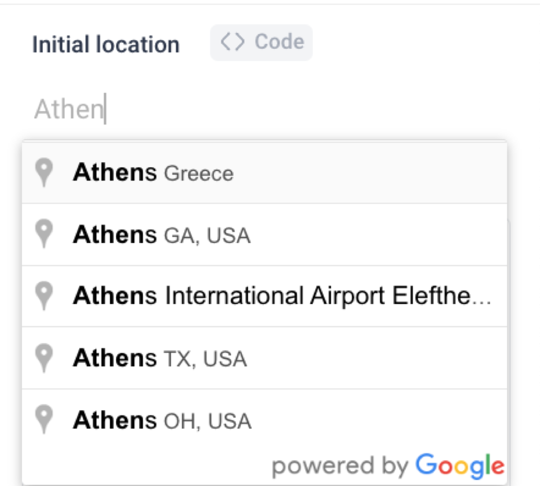 Map components are powered by Google Maps so typing in a location's name will show autocompleted results