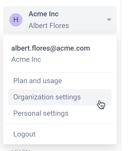 Menu for switching to settings menus